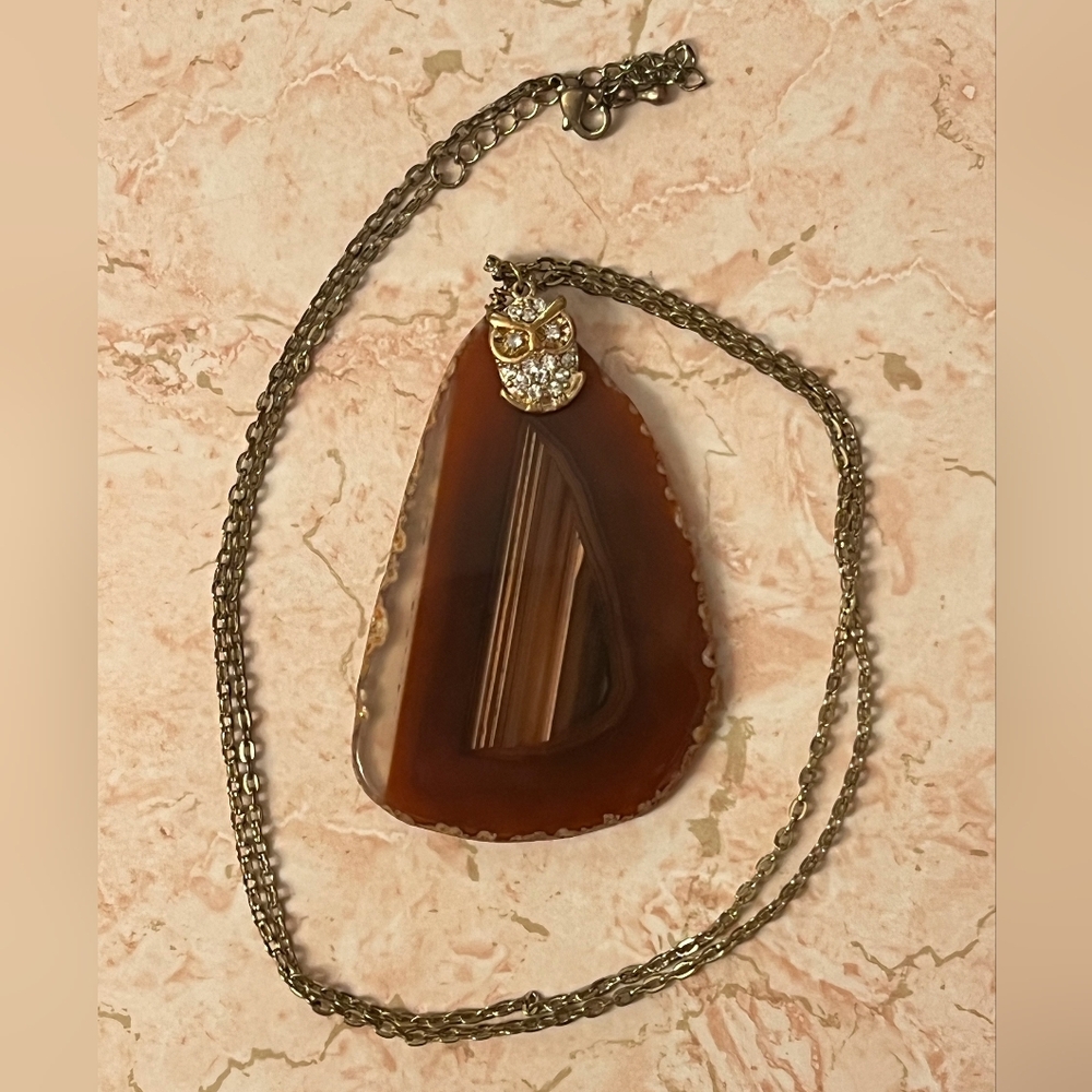 Brown Agate Necklace with Owl Accent
